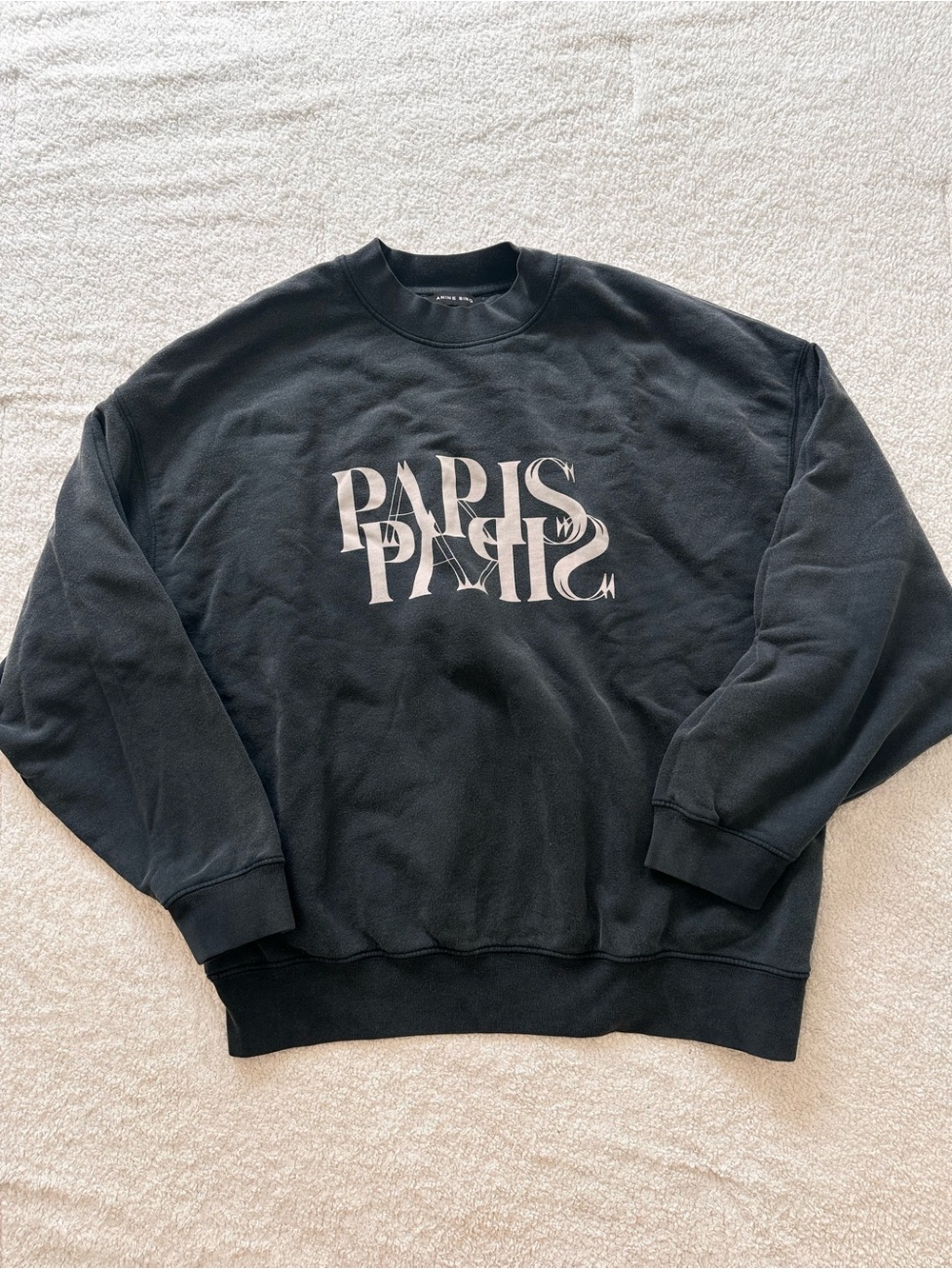 Anine Bing Grey-Black worn-in Crewneck Sweatshirt with Pale Pink 'PARIS' Graphic
